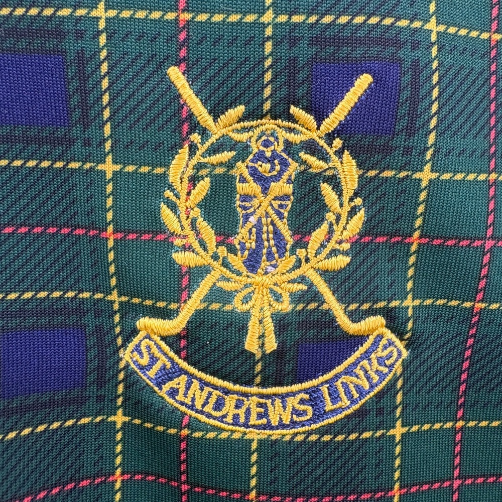 St Andrews Links Polo Shirt Mens Small Green Tartan Plaid Golf Crest Logo Golfer